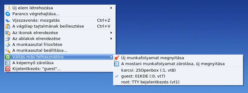 Felhasználóváltás KDE környezetben Felmerülhet a kérdés, hogyan lehet grafikus felületen felhasználót váltani, pl. KDE-ben.