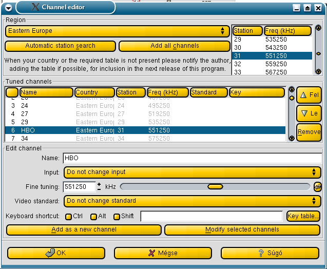 132 10. FEJEZET TV-TUNER KÁRTYA UHU-LINUX ALATT Amennyiben minden szükséges beállítást megváltoztattunk saját igényeinknek megfelelően, szükséges a csatornák beállítása.
