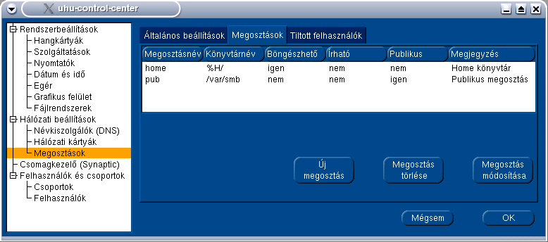 214 20. FEJEZET SAMBA Vannak még kapcsolók melyek közül A rendszer nyomtatói megosztva akkor érdekes, ha van nyomtatónk, és szeretnénk, ha mások is tudnák használni.