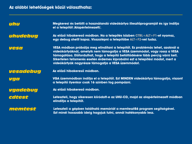 56 4. FEJEZET TELEPÍTÉS 4.2. ábra. Telepítési opciók Az első lehetőséget (cdtest) akkor célszerű használnunk, ha pl.