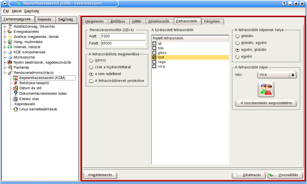 5.2. A KDE DISPLAY MANAGER (KDM) 89 A Felhasználók fülön a megjelenő felhasználókat tudjuk beállítani és