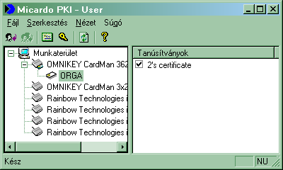 c) Tanúsítvány feltöltése Micardo kártyára 1. Indítsa el a Micardo PKI User programot. (Start menü Programok Micardo PKI User) 2.