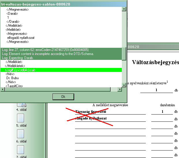 Amennyiben nem volt hibátlan a kitöltés, arra egy megjelenő kis ablak és az abban található Log: sorok tartalma utal.