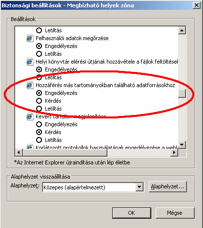 6. Görgessük tovább a listát az alábbi mezőig (Hozzáférés más tartományokban található adatforrásokhoz), ahol szintén át kell állítani