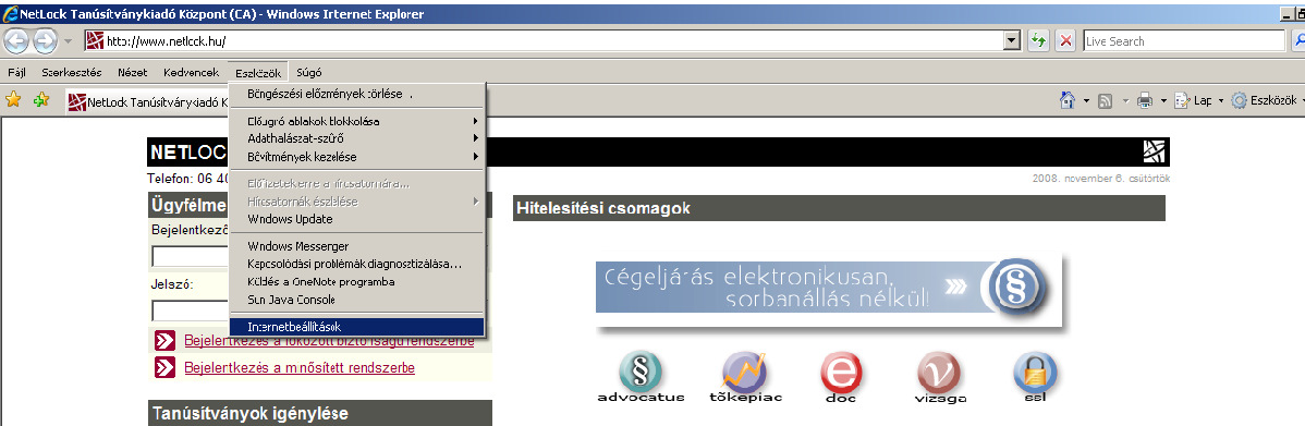 Kattintson az Internet Explorer Eszközök menüjében az Internetbeállításokra: Váltson