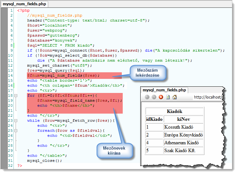 164 MySQL-adatbázisok kezelése PHP-ben 67. ábra Mezőnevek kiírása 8.4.9 Erőforrás fölszabadítása A szkript befejezősekor a PHP fölszabadítja az összes erőforrást, azonban hatékony memóriahasználat