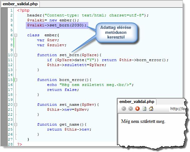 Objektumorientált programozás a PHP-ben 183 72. ábra Adattag közvetlen elérése Forrás: ember_novalid.