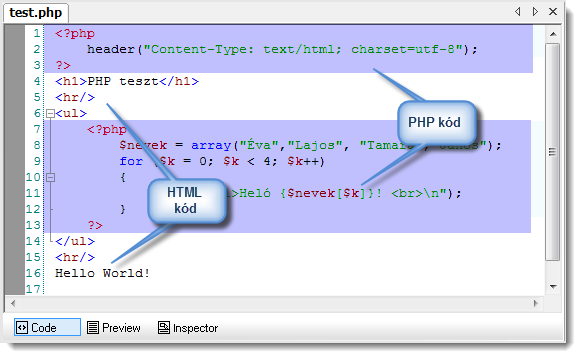 54 Szerveroldali programozás PHP nyelven 15. ábra HTML- és PHP-kód egy állományban 3.5.1 PHP fájlok kiterjesztése A webszerver a HTML, vagy HTM kiterjesztés alapján különbözteti meg a tisztán