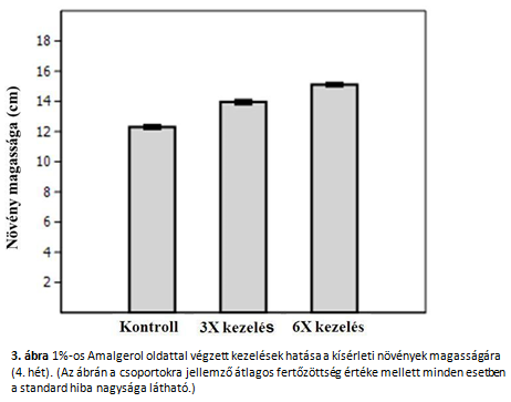 A 4. héten mindkét kezelt csoport átlagos növénymagassága szignifikáns mértékben eltért a kontroll csoporttól.