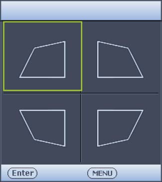 2. Erre a(z) 2D trapézkorrekció korrekciós oldal jelenik meg. A kép felső részének javítása a(z) gomb megnyomásával történhet. A kép alsó részének javítása a(z) gomb megnyomásával történhet.