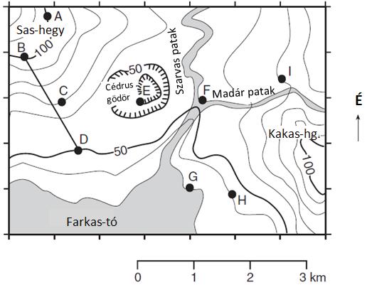 4. Az alábbi topográfiai térkép segítségével válaszoljátok meg a kérdéseket. A betűk (A-I) helyeket jelölnek a térképen. A magasság méterben van ábrázolva. (4 pont) A.