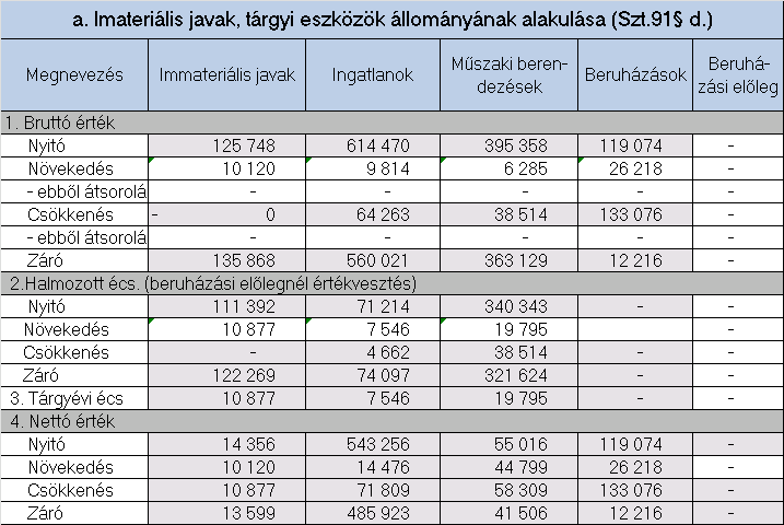 23.) Az immateriális javak részletezése (fajtánként) b.elsz ámolt értékcsökkenési leírás rész letez ése M egnevez és Immat.jav. Ingatlanok Műsza ki Beruházások be re nde zé se k Össz esen: 1.