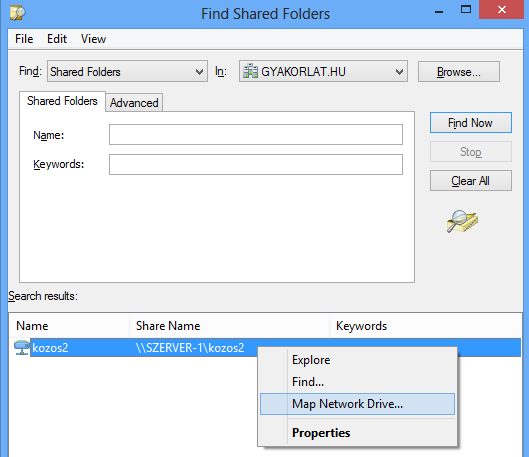 A címtárban való kereséshez állítsuk be, hogy megosztott mappát keresünk, és a saját