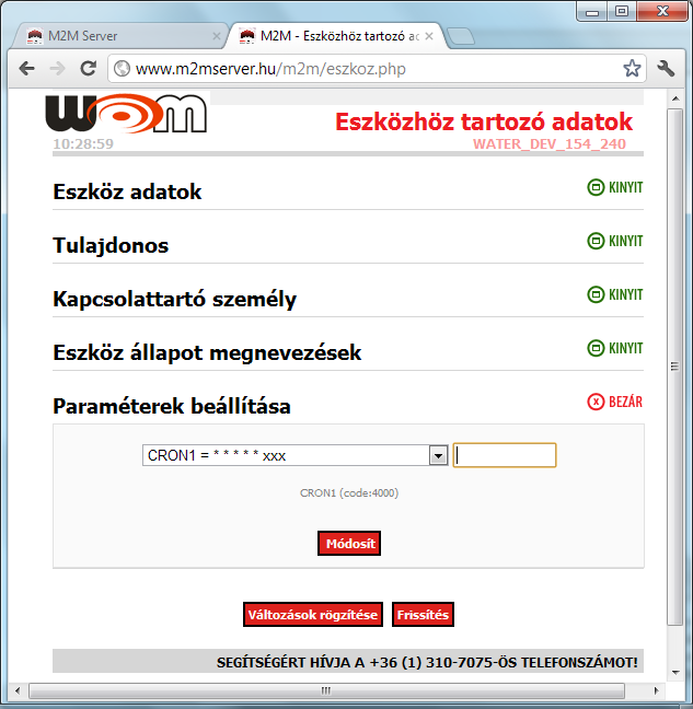 Állapotai: 0 - Ok 1 - alarm (jelentése: riasztást küld, amennyiben szabotázst érzékel a bemeneten) Crontab (paraméterek): A gömbcsapos vízóra esetében használható parancs, és annak értéke.