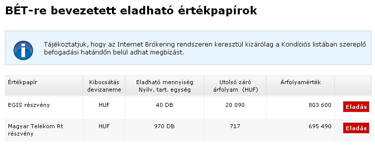 8.2. BÉT-re bevezetett értékpapírok eladása A Budapesti Értéktızsdére bevezetett értékpapírok eladását a bal oldali menübıl, vagy a portfolió kimutatáson, az adott értékpapír mellett található gombra