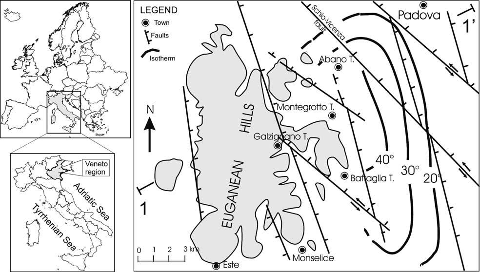 4.19. ábra: Az Euganea geotermális terület törései és izotermái 150 m-es mélységben (forrás: Antonelli et al., 1995). T. : Terme (pl.