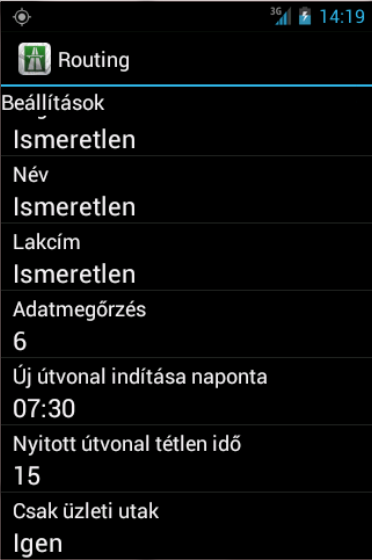 Személyes adatok Routing for Android Az útnyilvántartáson feltüntetendő személyes adatok - Név A felhasználó neve - Cím A felhasználó állandó vagy ideiglenes lakcíme Cég adatok Az útnyilvántartáson
