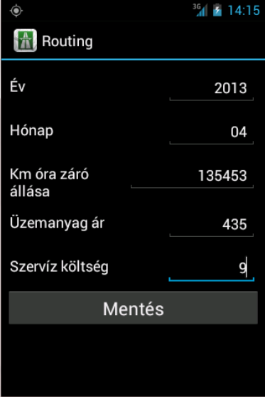 Egyéb beállítások Routing for Android - Minden hónaphoz rögzíthető az adott hónapra vónatkozóan elszámolható, hivatalosan megállapított karbantartási költség és üzemanyagár.