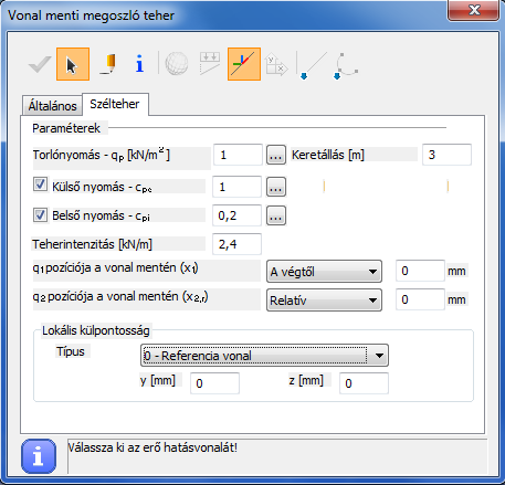 6.4.2.1 VONALMENTI SZÉLTEHER Vonalmenti szélteher funkció, egy hatékony eszköz, amivel egyszerűen helyezhető el szélteher rúdelemeken. Szélteher egyszerűen felvehető az alapadatok megadásával.