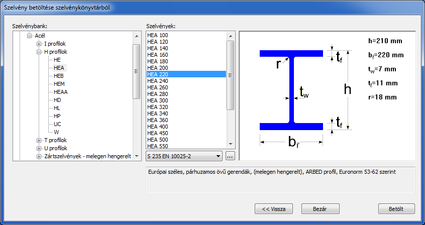 Szelvények betölthetőek a könyvtárból. A szelvénykönyvtárban az összes szabványos európai szelvény megtalálható.