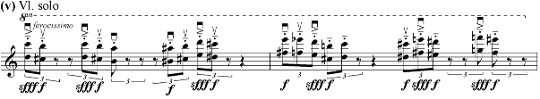 szólóhegedű tizenhatodokban mozgó, szaggatott, fortissimo, félelemmel, csaknem sikoltva (mit Angst, gleichsam schreiend) megszólaló anyaga (t), amely a siratódallam szabad variációja.