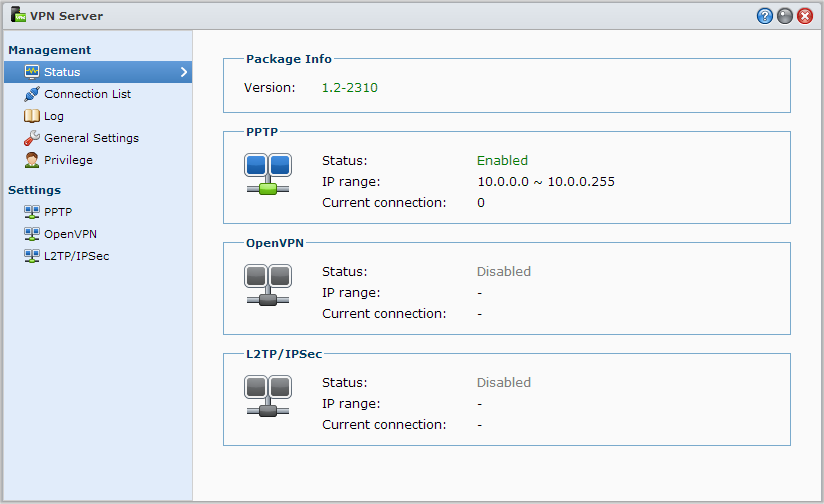 Synology NAS használati utasítás VPN-kapcsolat beállítása A VPN Server olyan kiegészítő csomag, amely lehetővé teszi, hogy a Synology NAS PPTP, OpenVPN, vagy L2TP/IPSec VPN (virtuális magánhálózat)