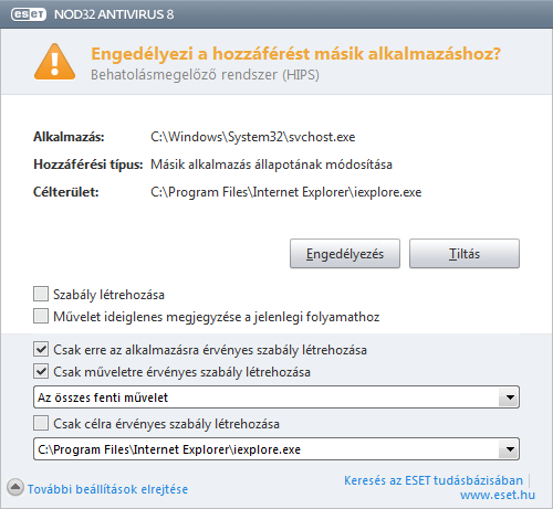 Ha alapértelmezett műveletként a Rákérdezés elemet választja, az ESET NOD32 Antivirus megjelenít egy párbeszédpanelt, valahányszor egy művelet fut.