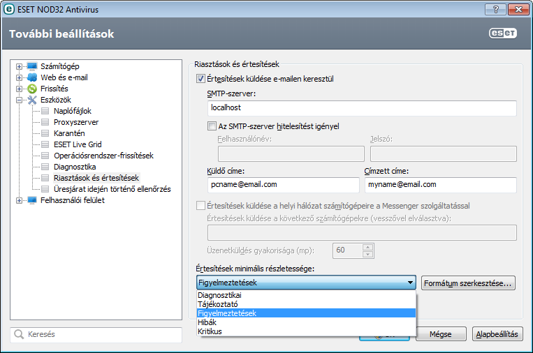 4.4.10 Riasztások és értesítések Az ESET NOD32 Antivirus támogatja e-mailek küldését a kiválasztott részletességi szintű esemény előfordulása esetén.