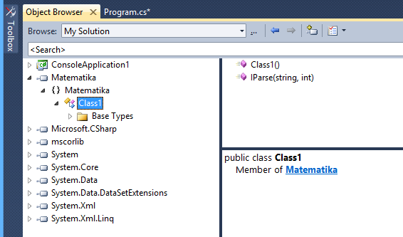 27. Szerelvények Néhány kattintással az Object Browser ablakban láthatóvá válik, hogy ebben a DLL-ben van egy Matematika névtér (a bal oldali fában ikon jelzi a névteret), illetve jobb alul a member