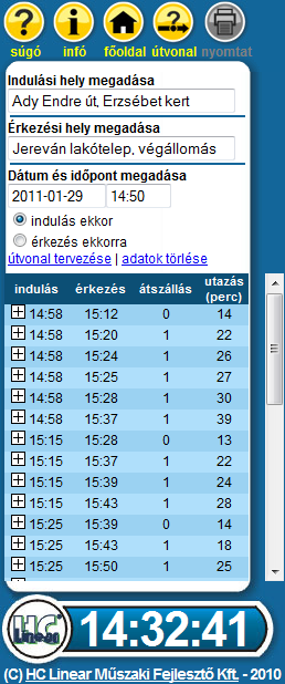 A keresés az útvonal tervezése linkkel indítható, míg az adatok törlése link alaphelyzetbe állítja vissza az űrlapot.