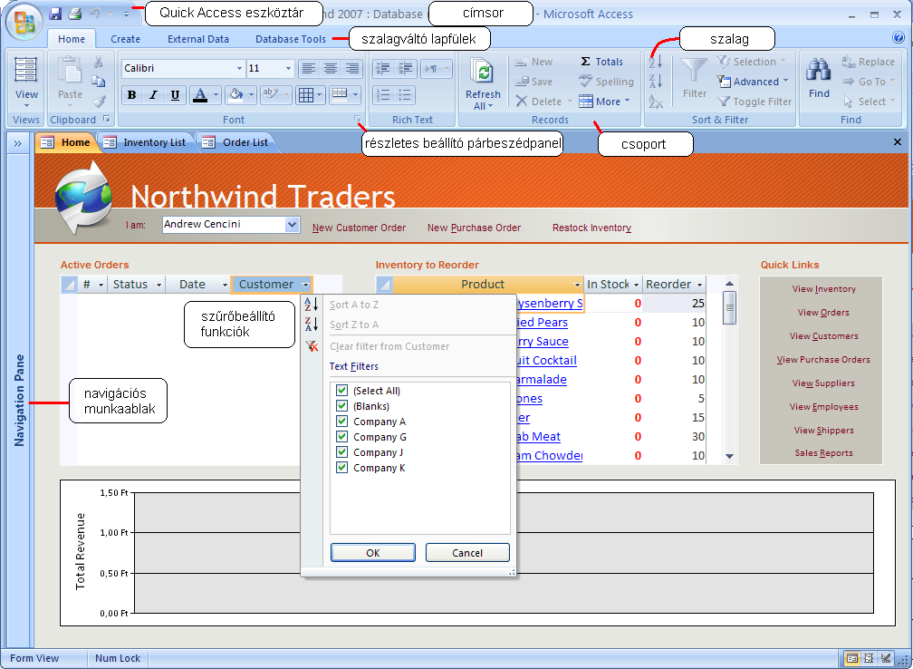 ISMERKEDÉS A PROGRAMMAL 49 Új vezérlőelem a hagyományos eszköztárak egyetlen maradványaként a Quick Access Toolbar, amely a rendszerablak legfelső sorában, az Office gomb mellett található és a