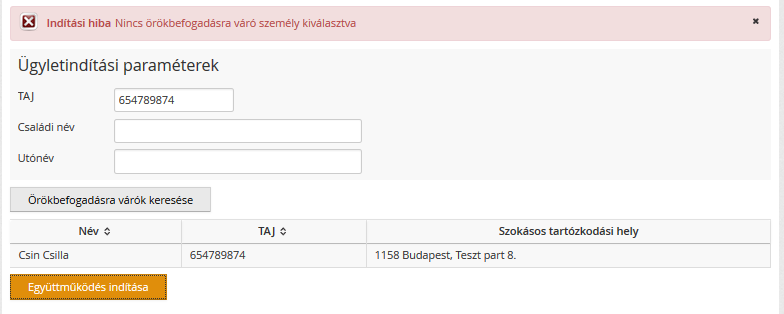 Figyelem! Ha nem jelöljük ki az adtt sr, akkr nem tudjuk az Együttműködés ügyletet elindítani.