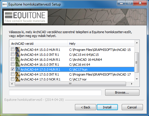1. fejezet Első lépések 1.1 Az Equitone Homlokzatok CAD telepítése Az Equitone Homlokzatok CAD 2014 megoldás az ArchiCAD 15-ös és magasabb változataival használható.