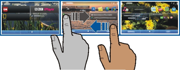 Testreszabás és Nokia Áruház 37 Másik főképernyőre történő váltáshoz lapozzunk balra vagy jobbra. éppen megjelenített főképernyőt jelzi.