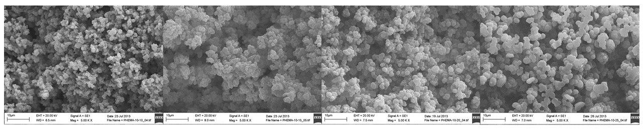 F7. ábra PHEMA-10-10/15/20/25 SEM felvételei 10000x nagyításban, 1µm skálán.