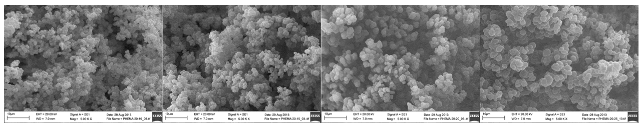 F9. ábra PHEMA-20-10/15/20/25 SEM felvételei 10000x nagyításban, 2µm