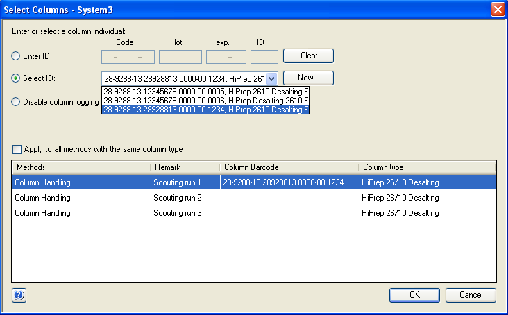 7 Módszer futtatása 7.3 Módszert alkalmazó mérés indítása Lépés 9 Művelet A Select Columns párbeszédpanelen: Válassza az Enter ID lehetőséget. A 2D vonalkódleolvasó (lásd a 7.