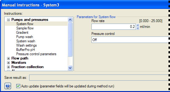 6 A rendszer előkészítése a program futtatására 6.4 Oszlop csatlakoztatása Lépés 7 Művelet A Manual instructions párbeszédpanelen: Válassza a Pumps and pressure:system flow lehetőséget.