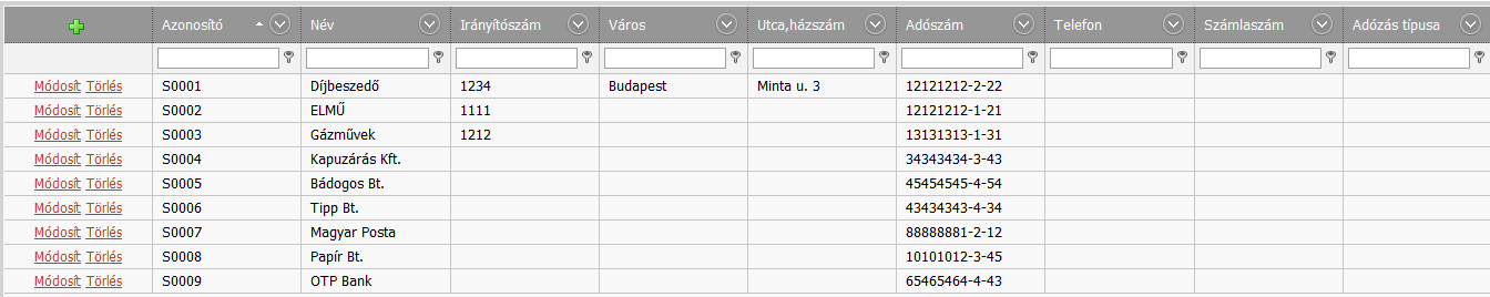 Szállítók törzse A szállító törzs olyan törzs adatbázis, mely minden társasházra vonatkozik. A szállító számlák iktatásakor, illetve azok könyvelésekor használjuk a szállítókat.