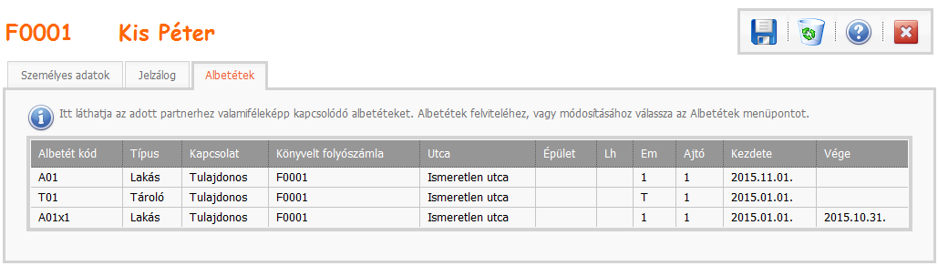 Albetétek fül 30. ábra Itt láthatja, hogy az adott lakó milyen kapcsolatban áll a házban rögzített albetétekkel. A régi program verzióban meg lehetett adni haszonélvezőt.