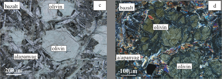 és 9b. ábra) gyakran spinellel. Az olivinek főként zöldes színű, szálas megjelenésű szerpentinné alakultak át (9d. ábra). Az átalakult olivinben helyenként szintén átalakult olvadékzárványok maradványai jelennek meg.