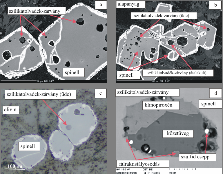 12. ábra. Spinellbe zárt primer szilikátolvadék-zárványok szöveti jellegzetességei a. és b.