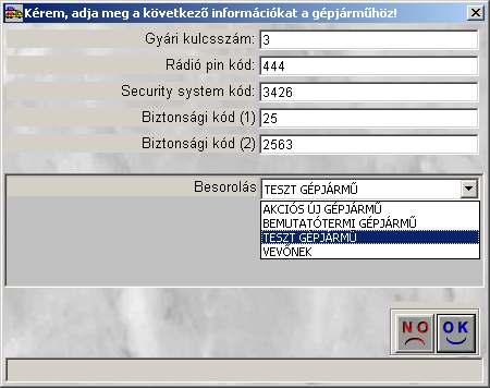 ============================================================================= Valamint a gépjármű besorolása is teszt gépjármű legyen, ezt a következő módon lehet beállítani.