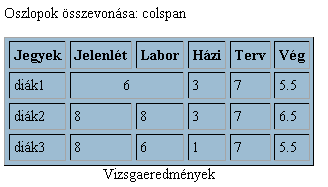 A két oszlopra kiterjedő cella definíciója: <td colspan="2" align="center">6</td> axis=cdata a fejléccella kategóriája align=[left;center; right; justify; char] A tartalom vízszintes igazítása: ezt a