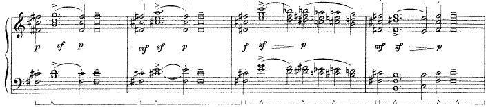 kottapélda: Palestrina: La cruda mia nemica (1-4. ü.) 2. kottapélda: Terényi Ede: Madrigal Hommage à Palestrina (1-4. ü) A szólamok felrakása egyértelmű utalás a kórushangzásra.