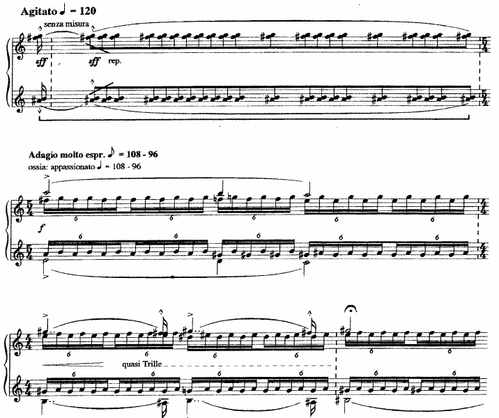 A hangzásra való utaláson túl, a virtuóz zenei portréjaként is értelmezhető, hasonlóan Schumann Carnavaljának Paganini tételéhez. 10. kottapélda: Terényi Ede: Liszt-szextek (IV/6) (2-3. ü.) 6. 3.