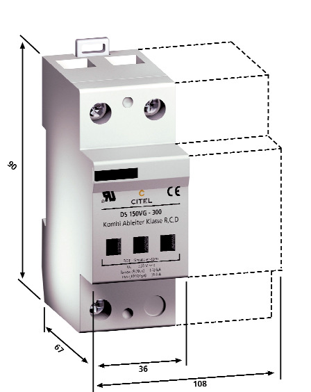 V ILLÁMÁRAM- LEVEZETÕ DS 150VG-300 Varisztor és gáztöltésû szikraköz technológia B,C és D osztály (1,2 és 3 típus ) DS 150VG-300, 3 pólusú A DS 150VG-300 típusú villámáram-levezetõt a központi