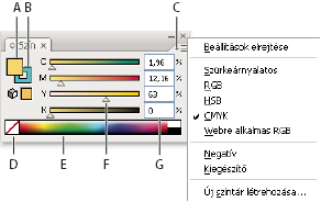 ILLUSTRATOR CS3 101 A Színválasztón megjelenő színtartomány módosítása v Kattintson egy betűre: H (színezet), S (telítettség), B (fényesség), R (vörös), G (zöld) vagy B (kék).