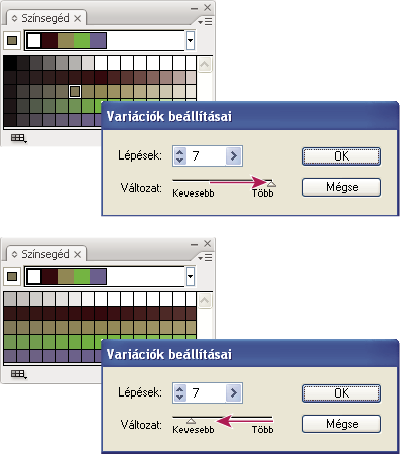 ILLUSTRATOR CS3 112 A színváltozatok terjedelmének beállítása Grafikák színezése a Színskálából származó színekkel v Jelöljön ki egy grafikát, és kattintson egy színre a Színsegéd panelen.