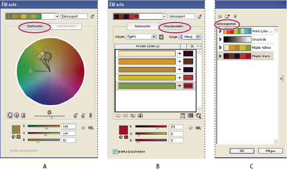 ILLUSTRATOR CS3 113 Az Élő szín párbeszédpanellel elvégezheti színcsoportok létrehozását és szerkesztését, valamint színeket rendelhet hozzá. A. Színcsoport létrehozása és szerkesztése a Szerkesztés lapon B.